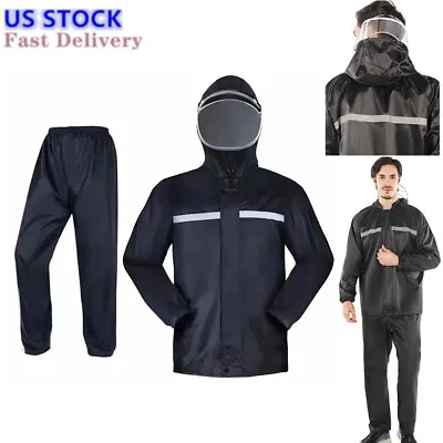 Mens Black Rain Suits Raincoat Black Jacket Pants Hooded Safety Waterproof • $20.23
