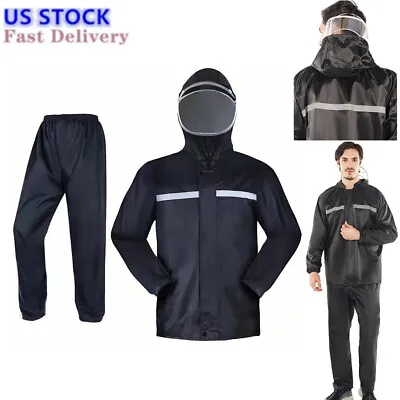 Mens Rain Suits Raincoat Jacket Pants Waterproof Safety Black Hooded US • $17.14