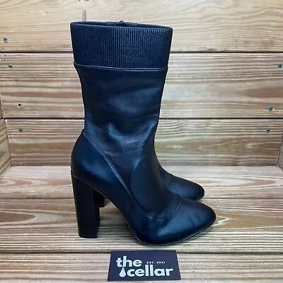 Zara Womens 6.5 Heeled Boots Black Leather Zip Up Mid Calf Booties • $22