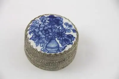 Vintage Antique Chinese Porcelain Shard Box With Blue Floral Design & Mirror • $27.95