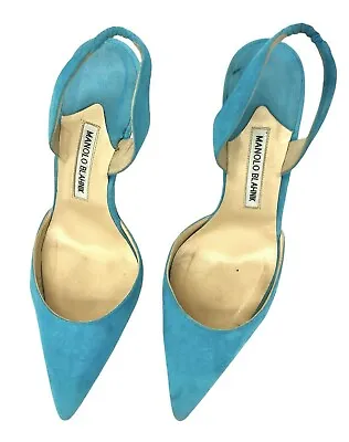 Manolo Blahnik Carolyne Turquois Suede Leather Halter Pump 3.5  Stilletto 39 • $399.54