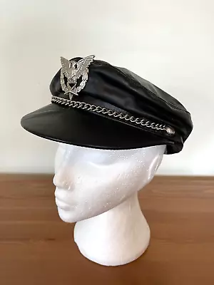 Vintage Black Genuine Leather Biker Army Fetish Peak Muir Chain Cap-Large • £34.95