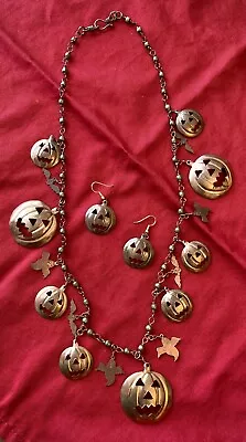 Halloween 26” Copper Color Metal PumpkinBat & Ghost Necklace & Earring Set • $35