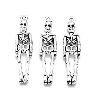 5 Standing Skeleton Charms - Silver Tone - 39mm X 9.5mm - Halloween - P00964 • £3.29