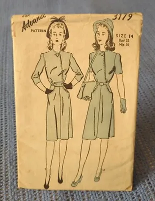 Vintage ADVANCE Unprinted SEWING PATTERN 1940's #3179 ~ MID-LENGTH DRESS • $16.50