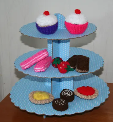 Hand Knitted Tea Time Treats Cakes And Biscuits Toy Food Display/Role Play • £9