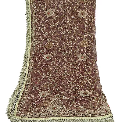 Sanskriti Vintage Wedding Dupatta Net Mesh Dark Red Hand Beaded Zardozi Stole • $95