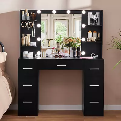 TEENFON Large Vanity Desk With LED Lighted Mirror & Power Outlet 7 Drawers • $249.99