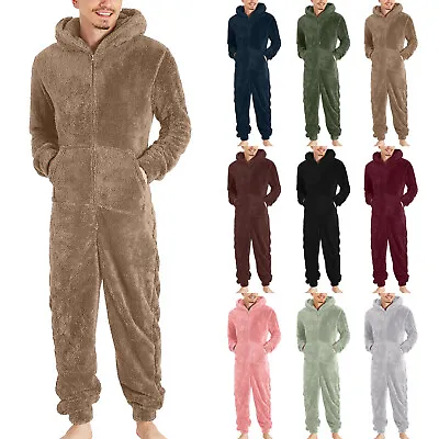 Mens Fluffy Fleece All In One 1Onesie Hooded Loungewear Onezee Nightwear • $45.89