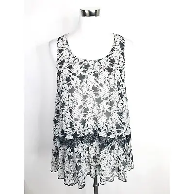 Cabi Top Womens Large Black White Floral Polka Dot Ruffle Lace Everything #5907 • $19.95