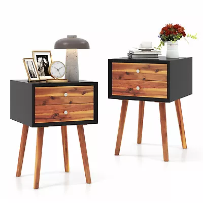 Set Of 2 Wooden Nightstand Mid-Century End Side Table With 2 Storage Drawers • $165.99