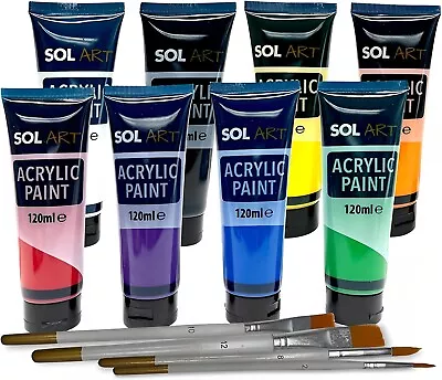 8 Tubes Acrylic Paint 120ml + 4 Artists Brushes Set Assorted Colours Arts Crafts • £10.99