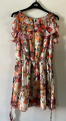 Pretty Size 12 L Max C London Delicate Yellow Orange Floral Print Silk Dress • £9.99