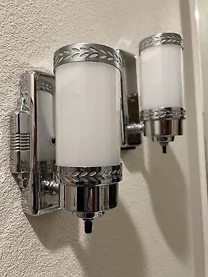 Pair Art Deco Chrome Sconces Milk Glass Cylinder Shades Lights Wall Fixtures • $199