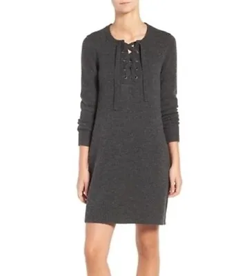 Madewell Lace Up Sweater Dress Merino Wool V Neck Ribbed Gray Women Size XS 2 4 • $34