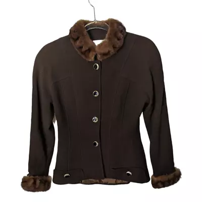 Vintage 80's Terry Paris Evening Brown Blazer Wool With Real Fur Collar Cuff 38 • $175