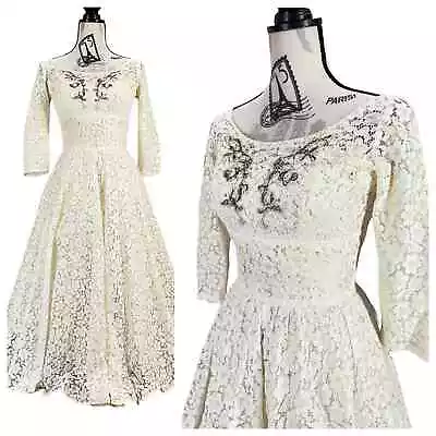 Vintage 50’s Sylvia Ann Ivory And Lace Tea Length Dress With Metal Zipper Small • $69.99