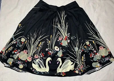 Vintage Retro 50s Style Swing Skirt Paint Look Print Swan Floral Black Colorful • $40