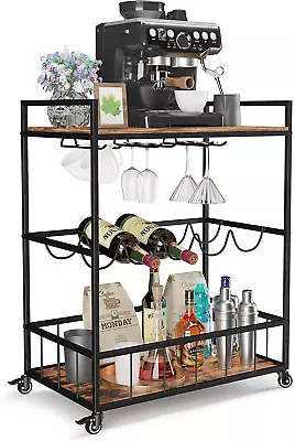 Serving Cart On Wheels 3-Tier Bar Cart With Wine Rack Modern Wood And Metal Po • $105.36