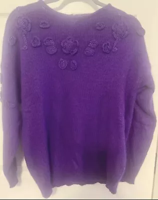 Vintage 80s Silk Angora Purple Grape Sweater Floral Crochet Beaded Applique M • $39.97