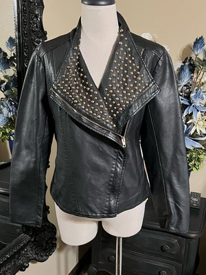$42 • Buy V Cristina Vegan Leather Gold Studded Moto Jacket Size Medium
