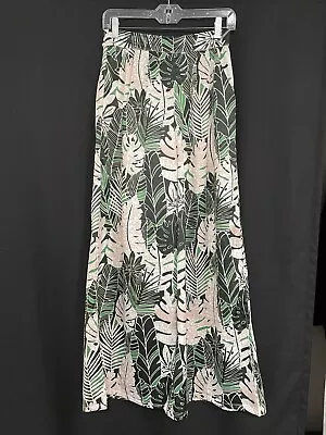 Palazzo Pants Womens L Tropical Green Palm Leaves Pockets Wide Leg Vintage • $6.95