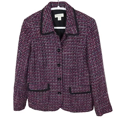 APPLESEED'S Wool Blend Tweed Braid Trim Button Up Jacket Size 12p Fuschia Black • $24.99