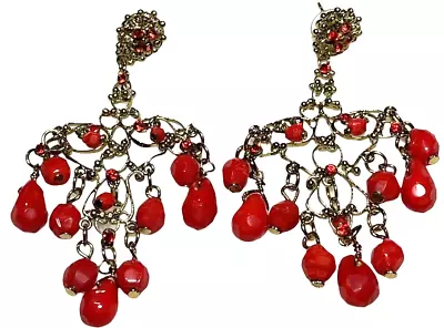 Gold Tone Red Beaded Chandelier Drop Dangle Earrings Bohemian Boho Chic Moroccan • $19.99