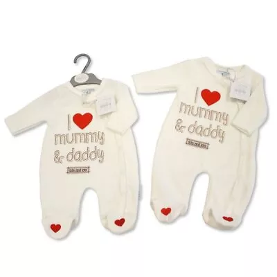 NEW Baby Velour Sleepsuit Romper  ~ I Love Mummy & Daddy - Lots & Lots ~ Cream • £12.95