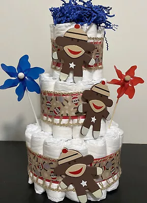 3 Tier Sock Monkey Shower Centerpiece- Diaper Cake-GENDER NEUTRAL • $25