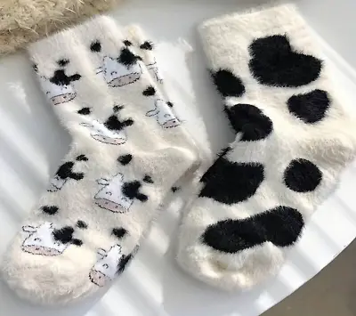 2 Pairs Of Soft Cosy Novelty Cow Printed Furry Socks One Size Girls/Women • £7.95