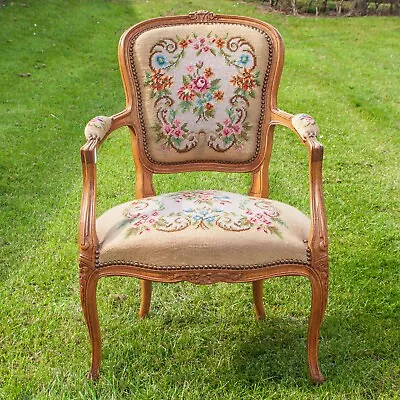 French Louis XV Style Carved Oak Needlepoint Armchair Floral Pattern! SOM999  • £295