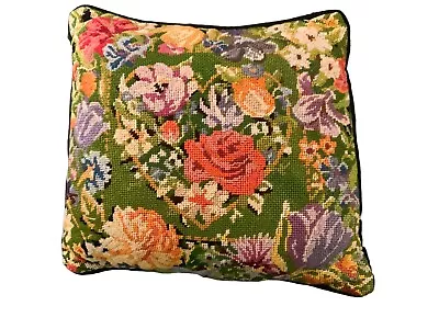 Vintage Hand Made Petit Point Needlepoint Floral Pillow Felt Back Granny 12x13 • $25.10