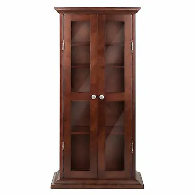 Walnut Finish Wooden Media Cabinet 5 Shelf CD DVD Storage Tower Glass Door Stand • $206.90