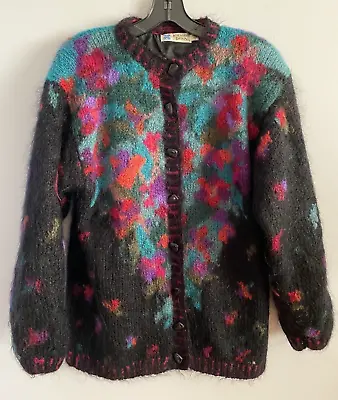 Icelandic Design Cardigan Sweater Fuzzy Mohair Wool Colorful Vintage Lined S • $55
