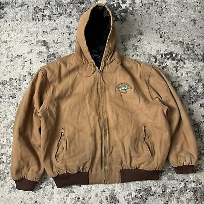 Tri Mountain Mens Hooded Canvas Duck Quilt Lined Jacket Size 2XL Company Logo • $40