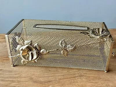 Vintage ROSE  Tissue Box Cover Holder  HOLLYWOOD REGENCY Gold Tone Metal MCM • $24.99