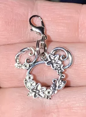 Silver Floral Mickey Mouse Charm Zipper Pull & Keychain Add On Clip!! • $3.85