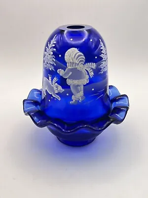 Fenton Glass Four Seasons Cobalt Blue  Winter   Skating Party  Fairy Lamp Signed • $299.10