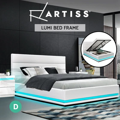 $369.95 • Buy Artiss RGB LED Bed Frame Double Full Size Gas Lift Base Storage White Leather