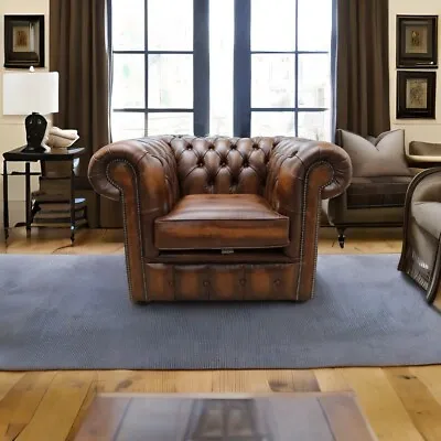 FASTDELIVERY Chesterfield Real Leather Antique Tan Low Back Club Chair • £539