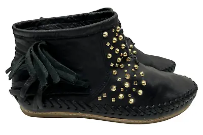 $40 • Buy Zara Women's Black Leather Gold Stud Fringe Ankle Moccasins Size EU 38/US 7-7.5