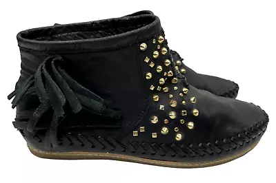 Zara Women's Black Leather Gold Stud Fringe Ankle Moccasins Size EU 38/US 7-7.5 • $32.80