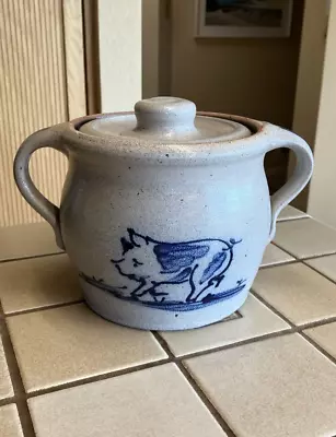 Rowe Pottery Works Pig Vintage Handmade Salt Glazed Covered Crock Bean Pot • $60