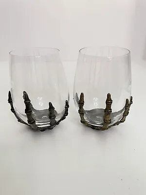 Skeleton Hand Stemless Wine Glasses Set Of 2 Pewter Brass Color Halloween • $29.99