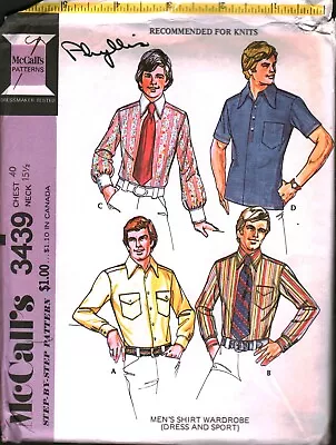 3439 Vintage McCalls SEWING Pattern Mens 1970s Buttoned Front Shirt Sport Dress • $5.59