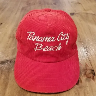 Vintage Panama City Beach Corduroy Hat Cap Snap Back Red Script Spell Out • $6.70