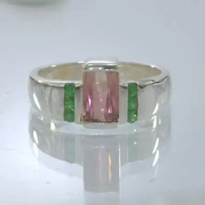 $282.27 • Buy Pink Padparadscha Tourmaline Tsavorite Garnet Silver Ring Size 9.25 Design 319