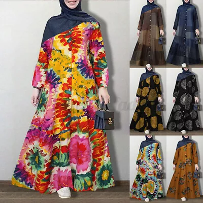 Women Long Sleeve Casual Loose Abaya Muslim Kaftan Floral Swing Tunic Maxi Dress • $24.11