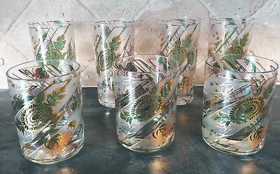 Beautiful Vintage Mid Century Culver  Barware Glasses 22K Gold Green Floral  • $45